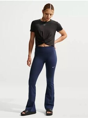 Nike NEW Size L One High-Waisted Flared Leggings Color Midnight Navy MSRP $75